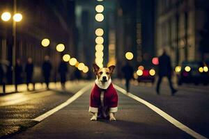 a dog wearing a red jacket standing on the street. AI-Generated photo