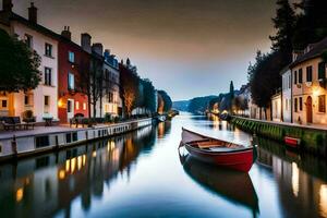 a boat is docked on a canal in a city. AI-Generated photo