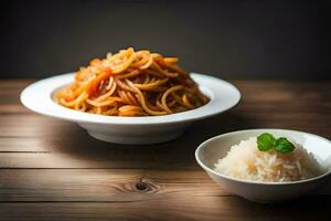 a plate of pasta and a bowl of rice on a wooden table. AI-Generated photo