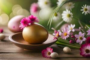 easter eggs and flowers on a wooden table. AI-Generated photo