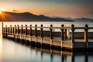 a pier at sunset with mountains in the background. AI-Generated photo