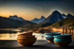 three bowls sitting on a wooden table with mountains in the background. AI-Generated photo