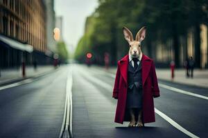 un Conejo vestido en un traje y Corbata en pie en un calle. generado por ai foto