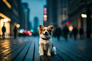 a dog sitting on the sidewalk in a city at night. AI-Generated photo