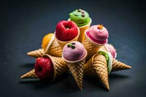 colorful ice cream cones with fruit in them on a black background. AI-Generated photo