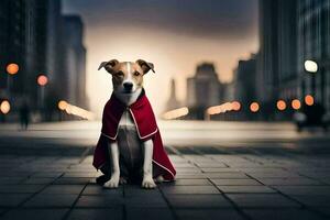 a dog wearing a red cape sits on the street. AI-Generated photo