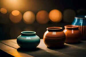 three colorful vases sit on a wooden table. AI-Generated photo