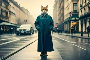 a cat wearing a coat and standing on a street. AI-Generated photo