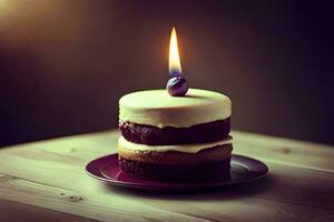 un pequeño pastel con un vela en cima. generado por ai foto