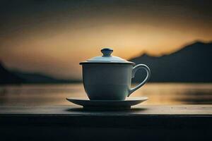 a cup of coffee on a table in front of a lake. AI-Generated photo