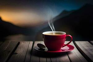 a cup of coffee on a wooden table. AI-Generated photo