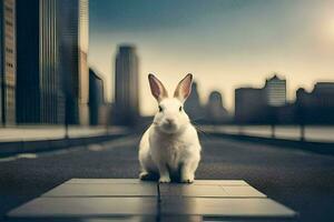 a rabbit is sitting on the ground in front of a city. AI-Generated photo