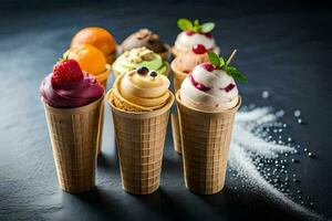 a group of ice cream cones with different flavors. AI-Generated photo