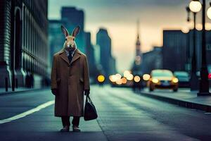 a rabbit wearing a coat and tie standing on the street. AI-Generated photo