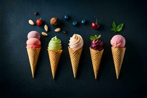 diferente sabores de hielo crema en conos en un negro antecedentes. generado por ai foto