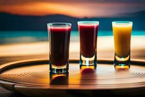 three glasses of juice on a wooden tray. AI-Generated photo