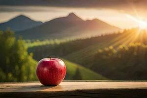 un rojo manzana se sienta en un de madera mesa en frente de un montaña rango. generado por ai foto