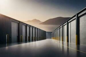 a long hallway with storage units in the background. AI-Generated photo