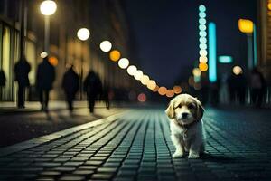 a puppy is standing on a cobblestone street at night. AI-Generated photo