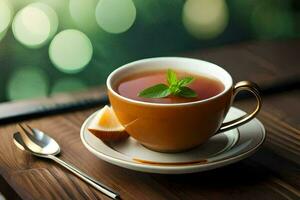 a cup of tea with mint leaves and lemon slices on a wooden table. AI-Generated photo