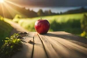 an apple sits on a wooden boardwalk in front of a field. AI-Generated photo