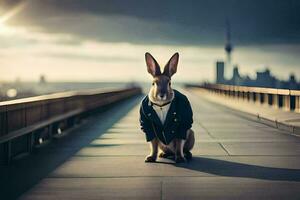 un Conejo vistiendo un traje y Corbata se sienta en un puente. generado por ai foto