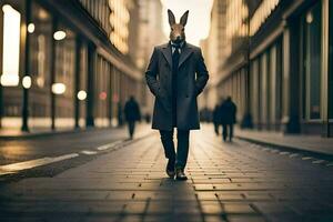 un hombre en un traje y Corbata caminando abajo un calle. generado por ai foto