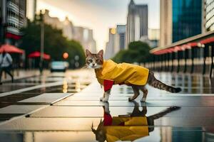 a cat in a yellow raincoat standing on a wet street. AI-Generated photo