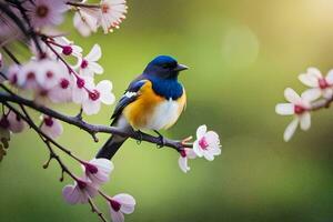 a blue and orange bird sits on a branch with pink flowers. AI-Generated photo