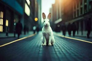 a white rabbit is sitting on the street in a city. AI-Generated photo