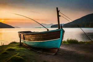 a boat sits on the shore at sunset. AI-Generated photo