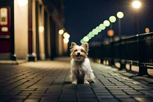 un pequeño perro sentado en el acera a noche. generado por ai foto