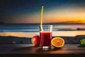 a glass of juice with an orange slice and straw on a wooden table with the sunset in the. AI-Generated photo