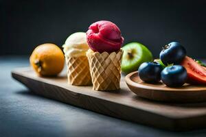 ice cream in a waffle cone with fruit on a wooden tray. AI-Generated photo