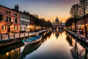 a boat is docked in a canal at sunset. AI-Generated photo