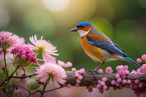 un azul y naranja pájaro es encaramado en un rama con rosado flores generado por ai foto