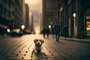 un pequeño perro es en pie en un ladrillo la carretera. generado por ai foto