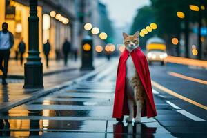 a cat dressed in a red cape standing on a street. AI-Generated photo