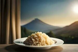 un plato de arroz en frente de un ventana. generado por ai foto