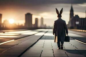 un hombre en un traje y Conejo orejas caminando en un puente. generado por ai foto