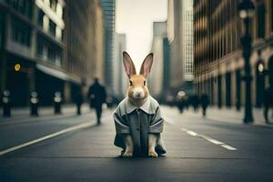 a rabbit wearing a suit and tie on the street. AI-Generated photo