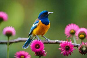 a blue and orange bird sits on a branch of pink flowers. AI-Generated photo