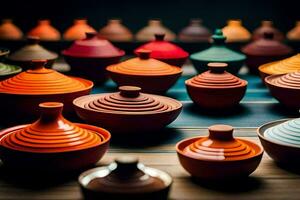 a collection of colorful pots and bowls. AI-Generated photo