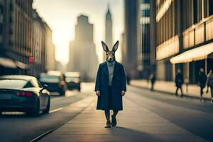 a man wearing a rabbit mask walks down a city street. AI-Generated photo
