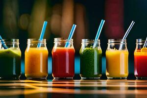 a row of different colored juices in glass jars. AI-Generated photo