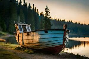 a boat sits on the shore of a lake at sunset. AI-Generated photo