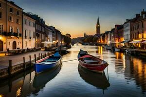 two boats are docked in a canal at dusk. AI-Generated photo