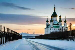 a snowy road leading to a church at sunset. AI-Generated photo