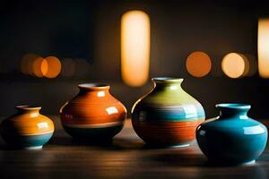 three colorful vases sitting on a table. AI-Generated photo