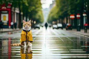 a cat in a yellow raincoat standing on a wet street. AI-Generated photo